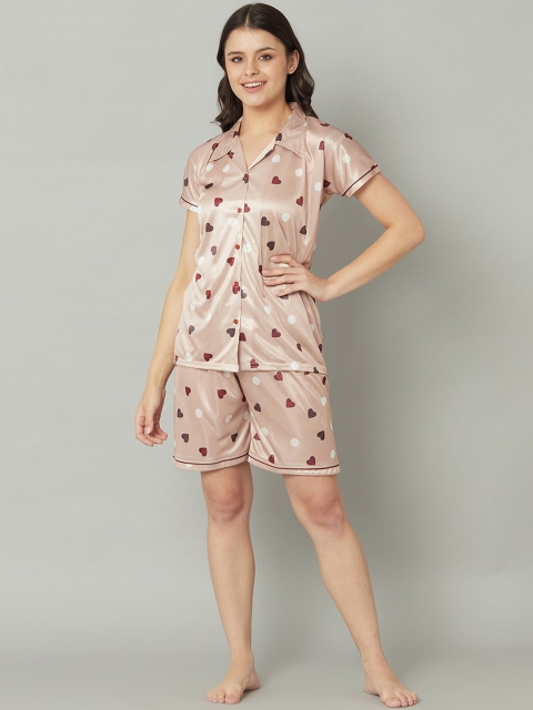 

TRUNDZ Women Cream-Coloured Printed Satin Night Suit