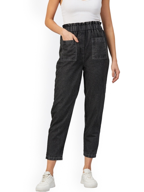 

Orchid Blues Women Black Denim Paper Bag High-Rise Trousers