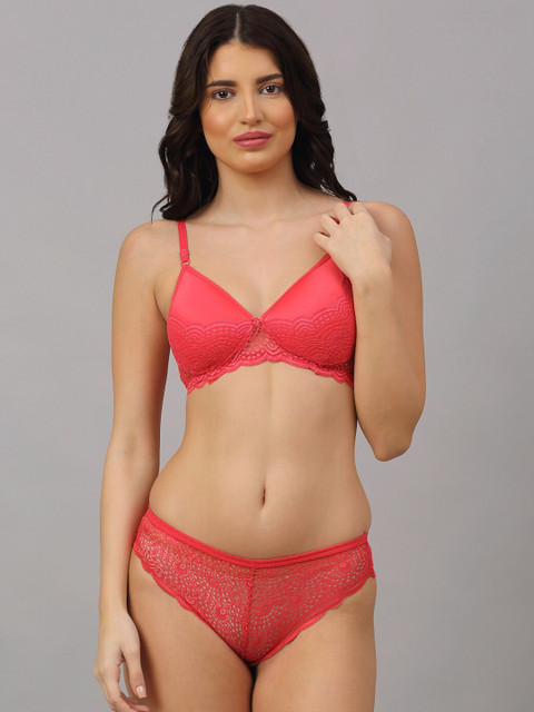 

PrettyCat Women Pink Self Design Lingerie Set
