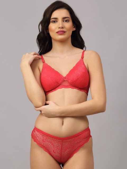 

PrettyCat Coral Pink Padded Lace Insert Lingerie Set PC-SET-6041-DPNK