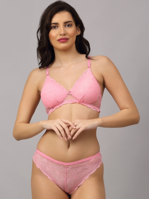 

PrettyCat Pink Padded Lace T-Shirt Bra Lingerie Set