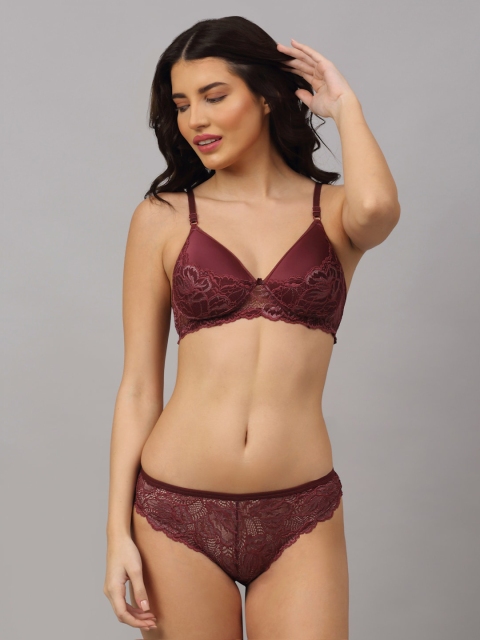 

PrettyCat Women Maroon Lace Lingerie Set PC-SET-6037-MAH2-36B