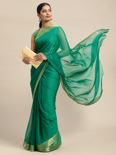 

KALINI Sea Green & Gold-Toned Solid Pure Georgette Saree