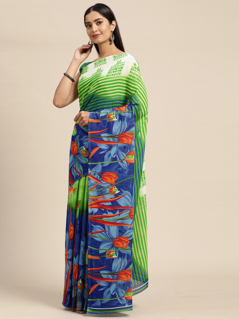

KALINI Green & Blue Floral Pure Georgette Saree