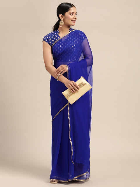 

KALINI Blue & Gold-Toned Solid Pure Georgette Saree