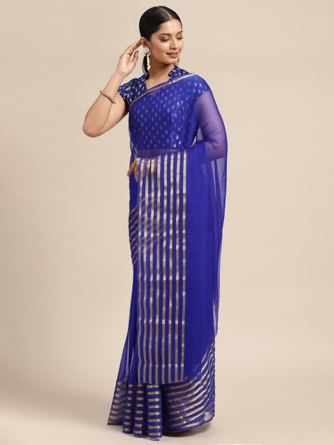 

KALINI Blue & Gold-Toned Solid Pure Georgette Saree