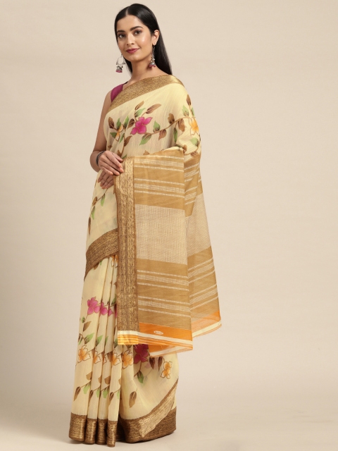

KALINI Cream-Coloured Floral Pure Georgette Saree