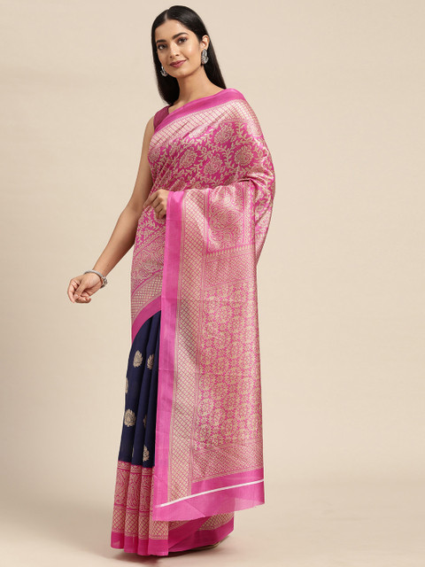 

KALINI Pink & Navy Blue Ethnic Motifs Pure Georgette Saree