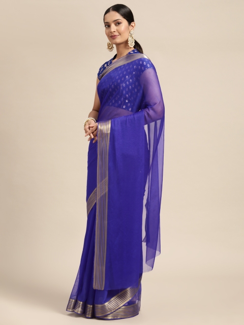 

KALINI Blue & Gold-Toned Solid Pure Georgette Saree