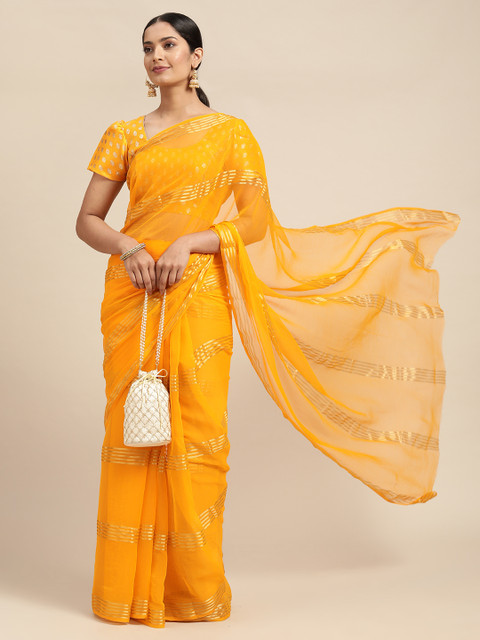 

KALINI Yellow & Gold-Toned Striped Pure Georgette Saree