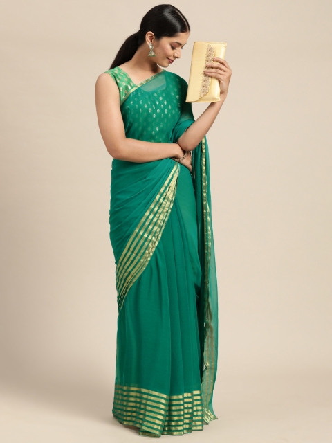 

KALINI Turquoise Blue & Gold-Toned Solid Pure Georgette Saree