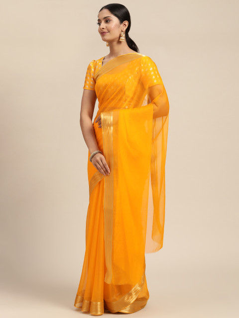 

KALINI Yellow & Gold-Toned Solid Pure Georgette Saree