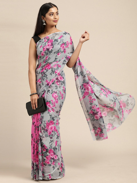 

KALINI Grey & Pink Floral Pure Georgette Saree