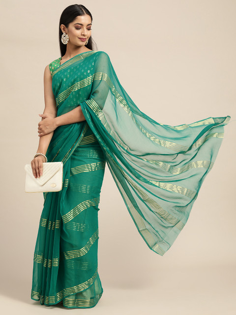 

KALINI Sea Green & Gold-Toned Striped Pure Georgette Saree