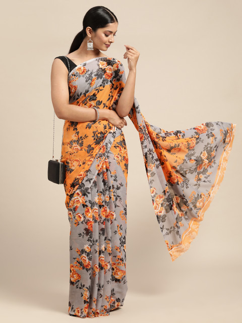 

KALINI Grey & Orange Floral Pure Georgette Saree