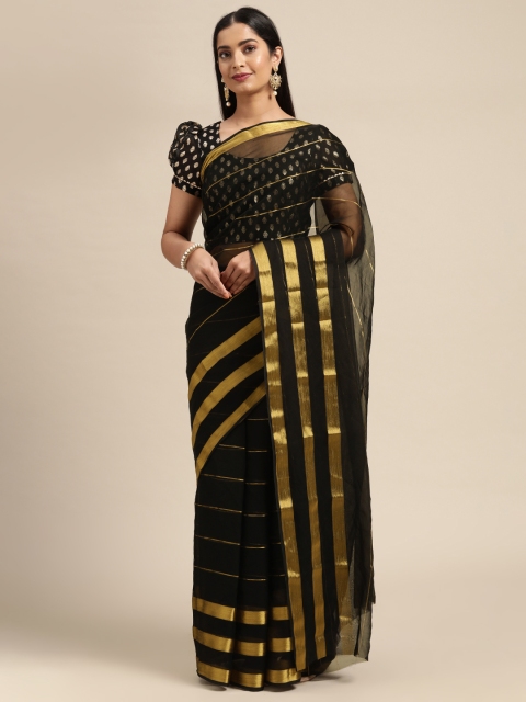 

KALINI Black & Gold-Toned Striped Pure Georgette Saree