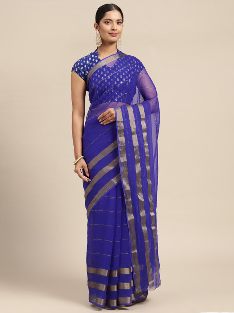 

KALINI Blue & Gold-Toned Striped Pure Georgette Saree