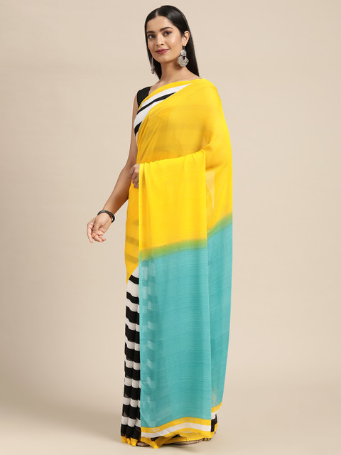 

KALINI Yellow & Blue Colourblocked Pure Georgette Saree