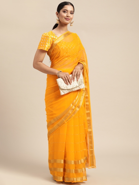

KALINI Yellow & Gold-Toned Striped Pure Georgette Saree
