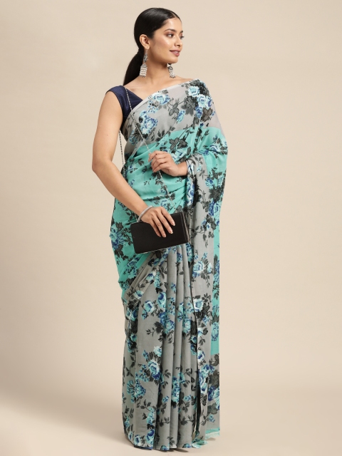 

KALINI Blue & Grey Floral Pure Georgette Saree