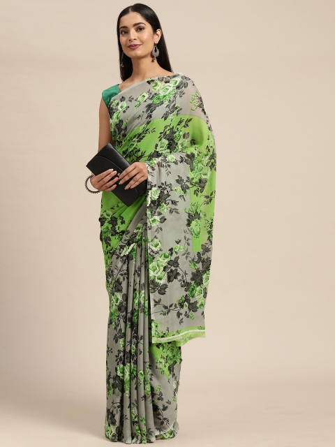 

KALINI Green & Grey Floral Pure Georgette Saree