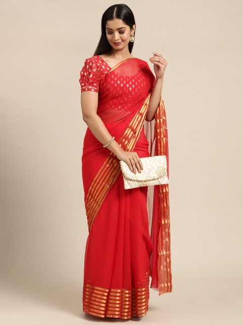 

KALINI Red & Gold-Toned Solid Pure Georgette Saree