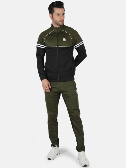 

rock.it Men Olive Green & Black Colourblocked Tracksuit