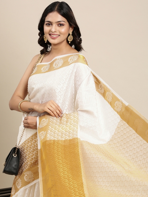 

Mitera White & Golden Ethnic Woven Design Pure Georgette Saree