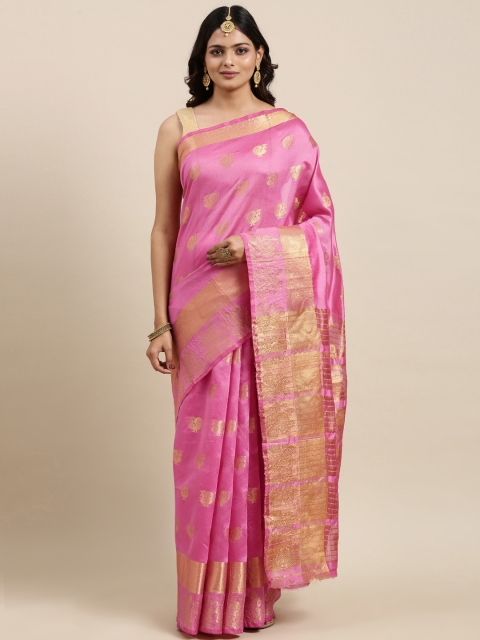 

Mitera Women Pink & Golden Ethnic Motifs Printed Saree