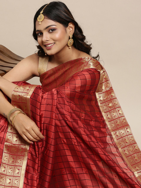 

Mitera Rust Red & Golden Checked Printed Saree
