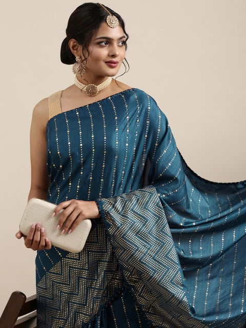 

Mitera Navy Blue & Golden Striped Pure Georgette Saree