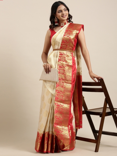 

Mitera Women White & Red Ethnic Motifs Printed Saree