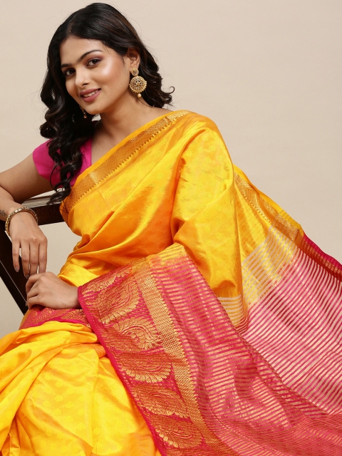 

Mitera Yellow & Pink Ethnic Motifs Woven Design Pure Georgette Saree