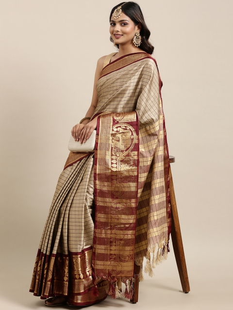 

Mitera Women Beige & Maroon Checked Printed Saree