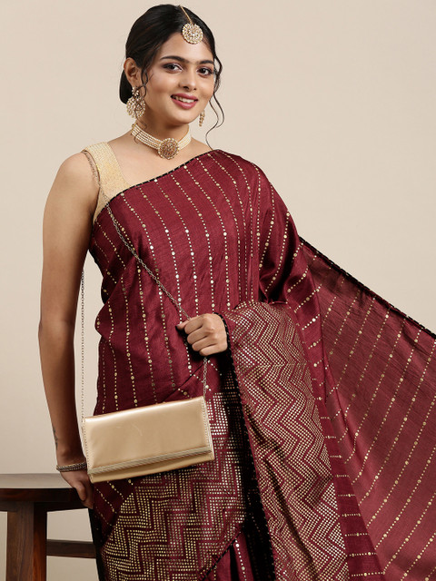 

Mitera Maroon & Golden Striped Pure Georgette Saree