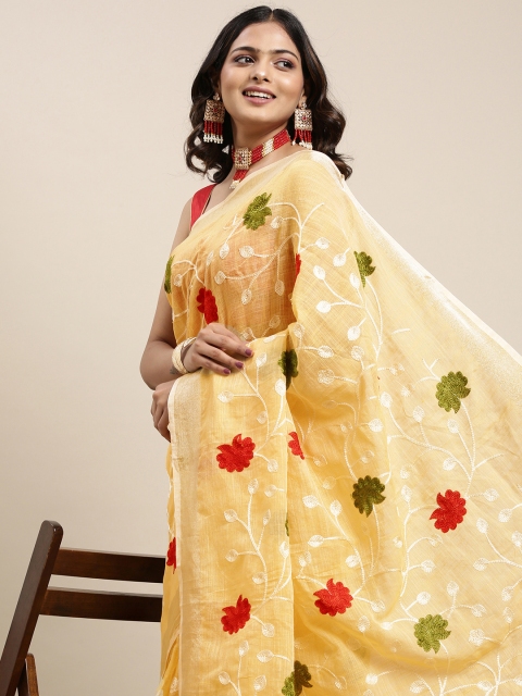 

Mitera Women Yellow & White Floral Printed Saree