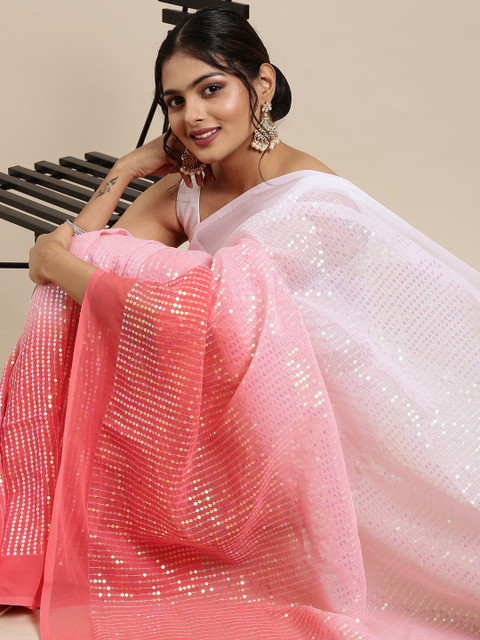 

Mitera Pink & Off White Embellished Sequinned Pure Georgette Saree