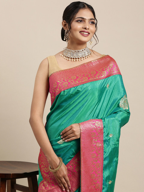 

Mitera Sea Green & Pink Ethnic Woven Design Pure Georgette Saree