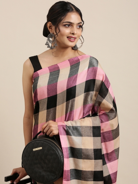 

Mitera Black & Pink Checked Pure Georgette Saree