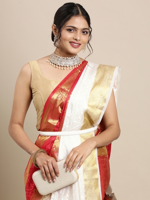 

Mitera White & Red Ethnic Woven Design Pure Georgette Saree