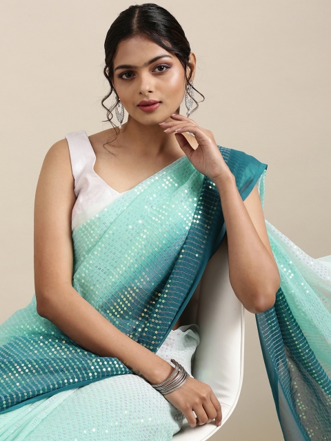 

Mitera Teal & Off White Embellished Sequinned Pure Georgette Saree