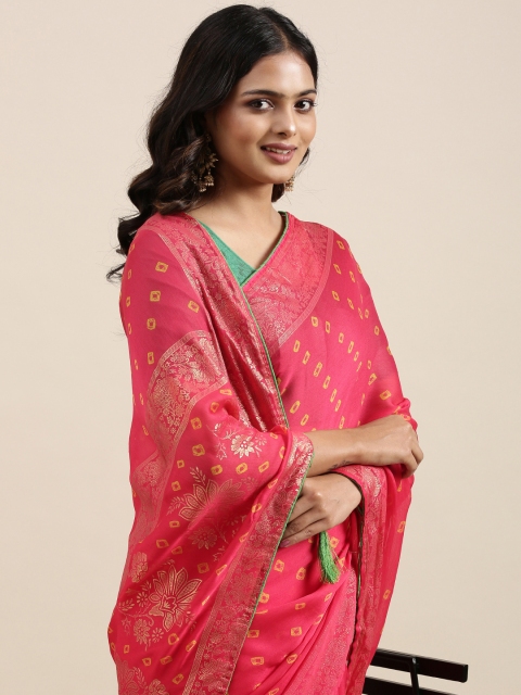 

Mitera Women Pink & Yellow Bandhani Print Saree