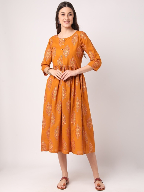 

THE NKS PLUS Mustard Yellow Ethnic Motifs A-Line Midi Dress