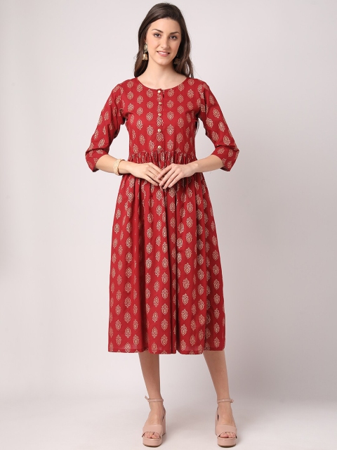 

THE NKS PLUS Maroon Ethnic Motifs A-Line Midi Dress