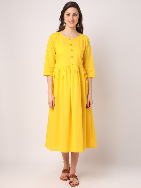

THE NKS PLUS Yellow Midi Solid Dress