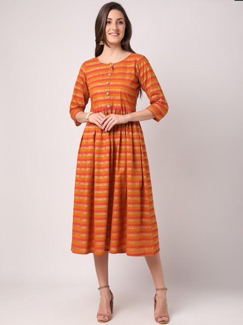 

THE NKS PLUS Mustard Yellow & christmas orange Striped Midi Dress