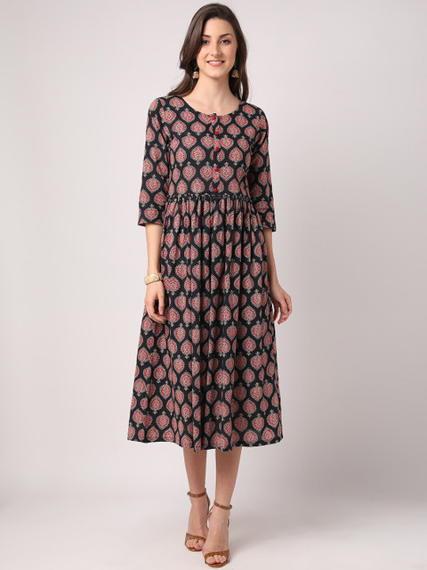 

THE NKS PLUS Black & Red Ethnic Motifs A-Line Midi Dress