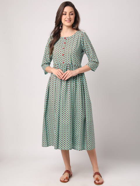 

THE NKS PLUS Green & Red Ethnic Motifs A-Line Midi Dress