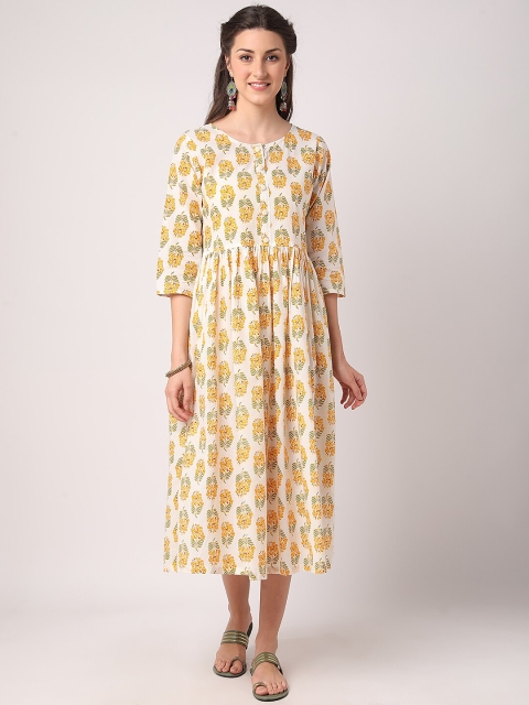 

THE NKS PLUS Cream-Coloured & Green Ethnic Motifs A-Line Midi Dress