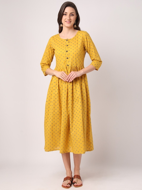 

THE NKS PLUS Yellow & Grey Ethnic Motifs A-Line Midi Dress